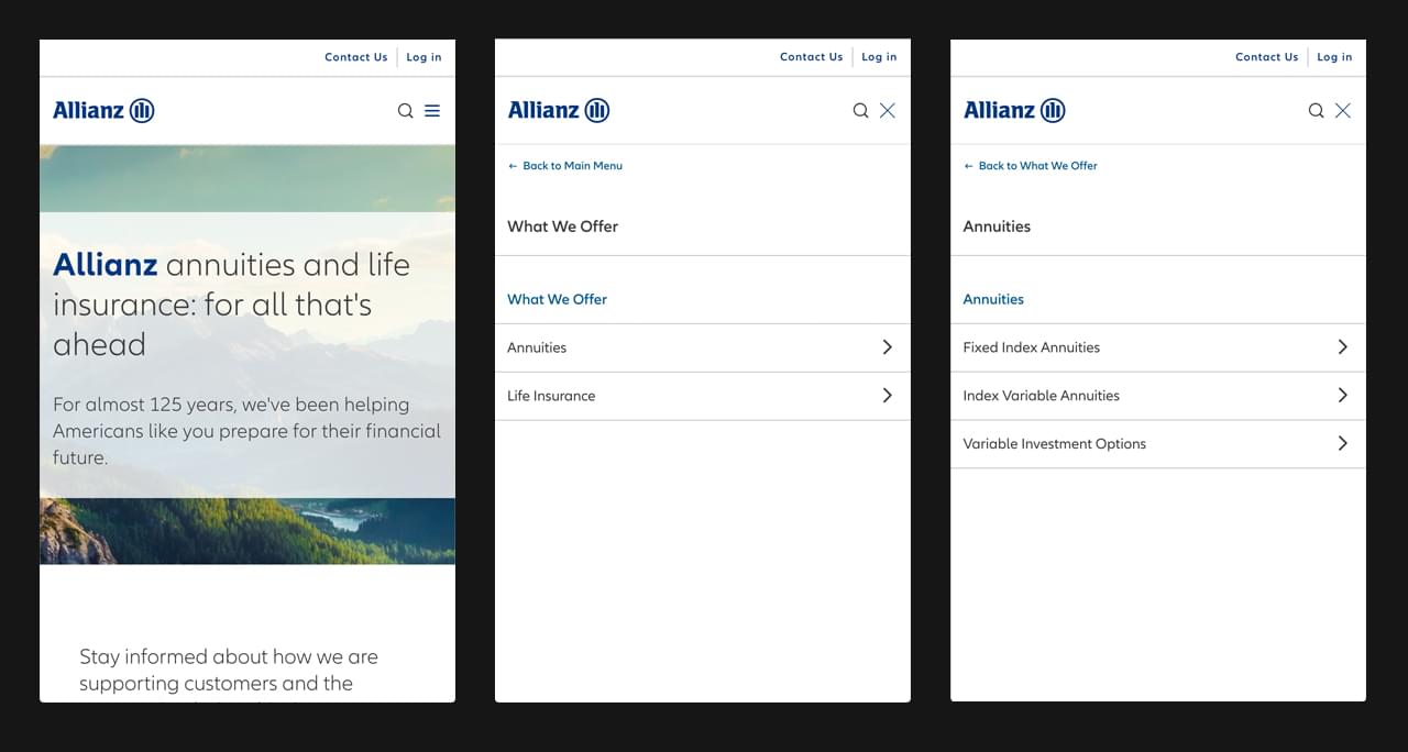 Allianz homepage mobile nav